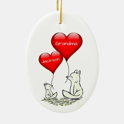 Cute Big and Small Fox with Red Hearts Ceramic Ornament
