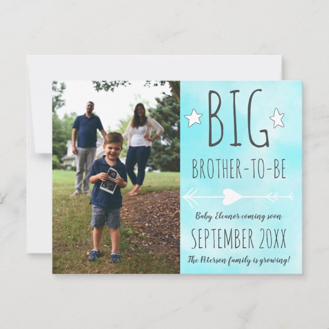 Cute big brother to be blue clouds photo pregnancy announcement (Front)