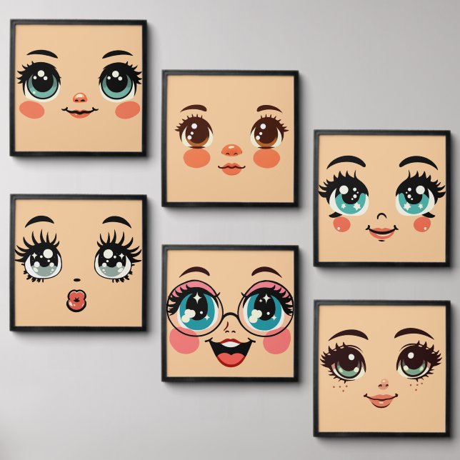cute big eye cartoon girls Faces art  Peel And Stick Photo Tile (Front Set)