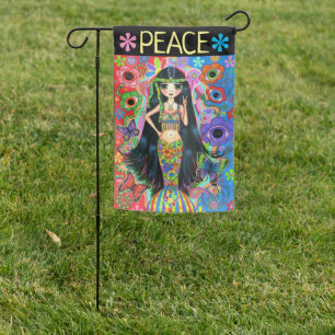 Cute Big Eye Hippie Mermaid Girl Peace Sign 1960s