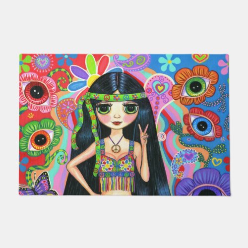 Cute Big Eye Hippie Mermaid Girl Peace Sign 1960s Doormat