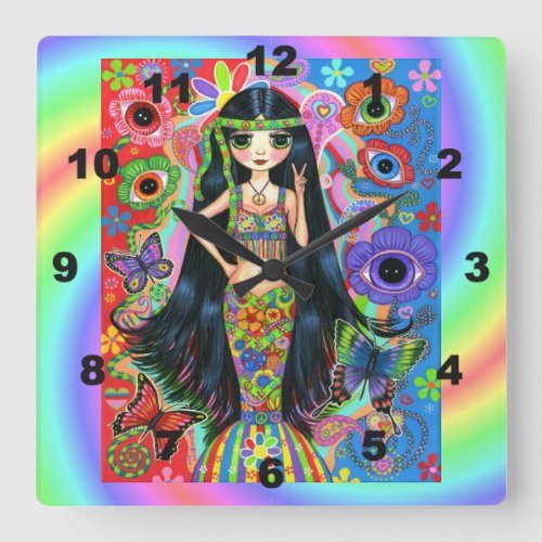 Cute Big Eye Hippie Mermaid Girl Peace Sign 1960s Square Wall Clock