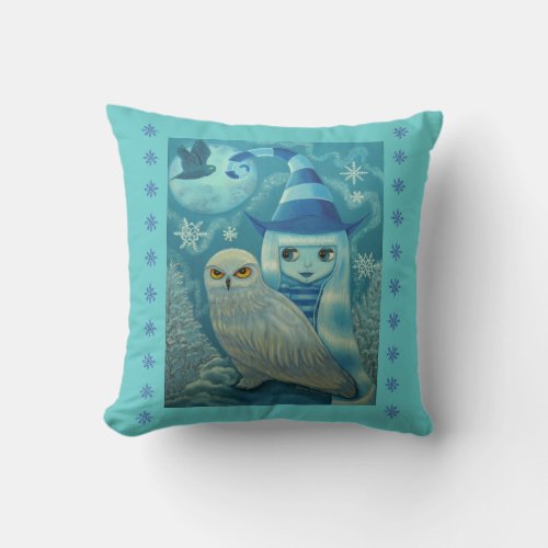 Cute Big Eye Striped Witch with Snowy Owl  Moon Throw Pillow