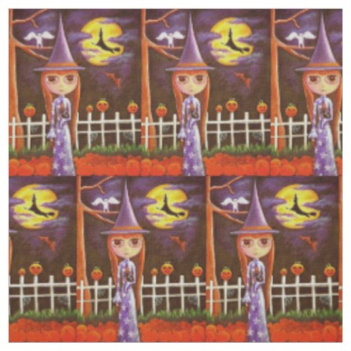 Cute Big Eye Witch Doll Girl Black Cat Halloween Fabric