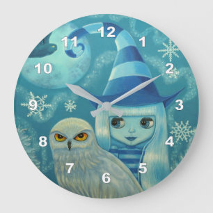 Cute Big Eye Witch Doll Snowy Owl Snowflakes Large Clock