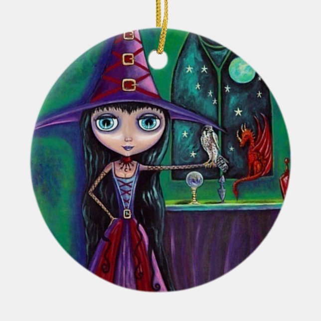 Cute Big Eye Witch Falcon & Dragon Crystal Ball Ceramic Ornament (Front)