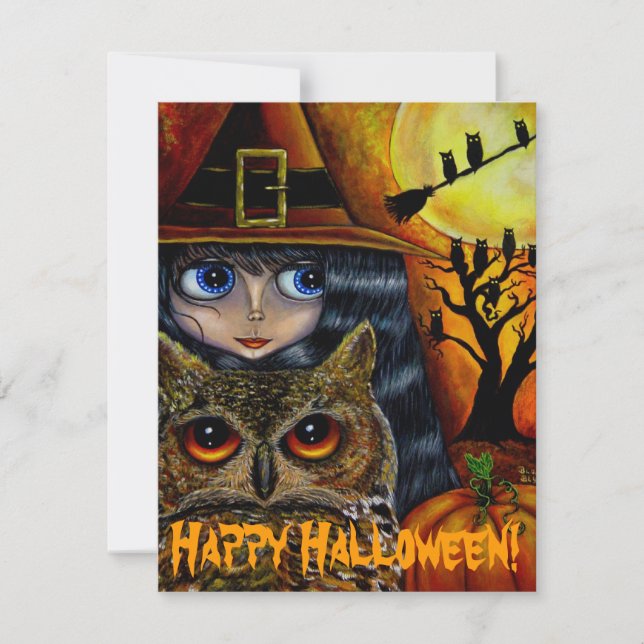 Cute Big Eye Witch Girl & Owl Whimsical Halloween Invitation (Front)