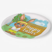 Cute Big Eyed Bunny Tennis Outfit Happy Easter Paper Plates