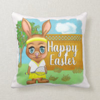 Cute Big Eyed Bunny Tennis Outfit Happy Easter  Throw Pillow