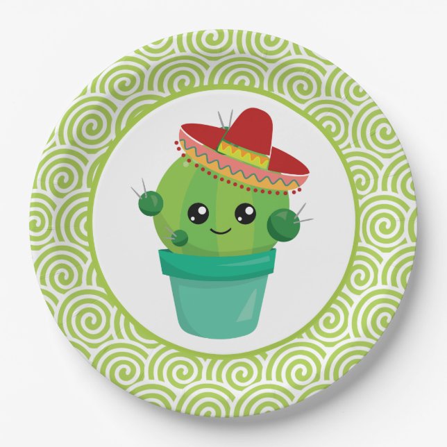 Cute Big-Eyed Cactus in Red Sombrero Paper Plates (Front)