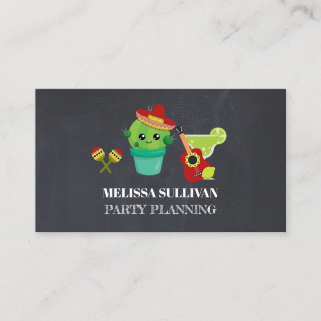 Cute Big-Eyed Cactus in Red Sombrero Party Planner Business Card (Front)