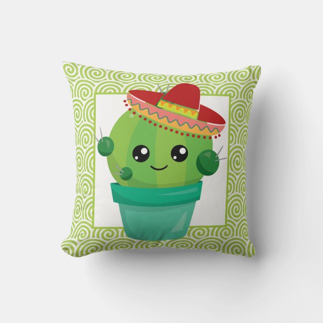 Cute Big-Eyed Cactus in Red Sombrero Throw Pillow (Front)