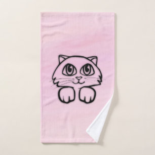 Cute Big Eyed Cat Peeking Pink Bath Towel Set