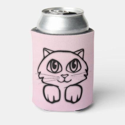 Cute Big Eyed Cat Peeking Pink Can Cooler