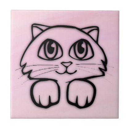 Cute Big Eyed Cat Peeking Pink Ceramic Tile