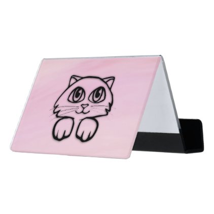 Cute Big Eyed Cat Peeking Pink Desk Business Card Holder