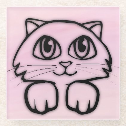 Cute Big Eyed Cat Peeking Pink Glass Coaster