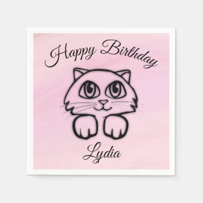 Cute  Big Eyed Cat Peeking Pink Happy Birthday Paper Napkins