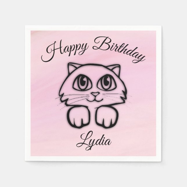 Cute  Big Eyed Cat Peeking Pink Happy Birthday Paper Napkins (Front)