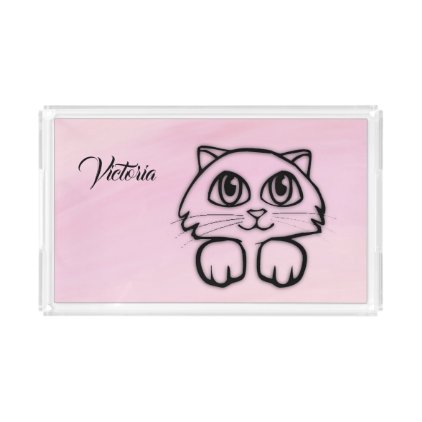 Cute Big Eyed Cat Peeking Pink Personalized Acrylic Tray