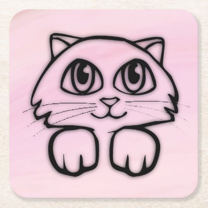 Cute Big Eyed Cat Pink Square Paper Coaster