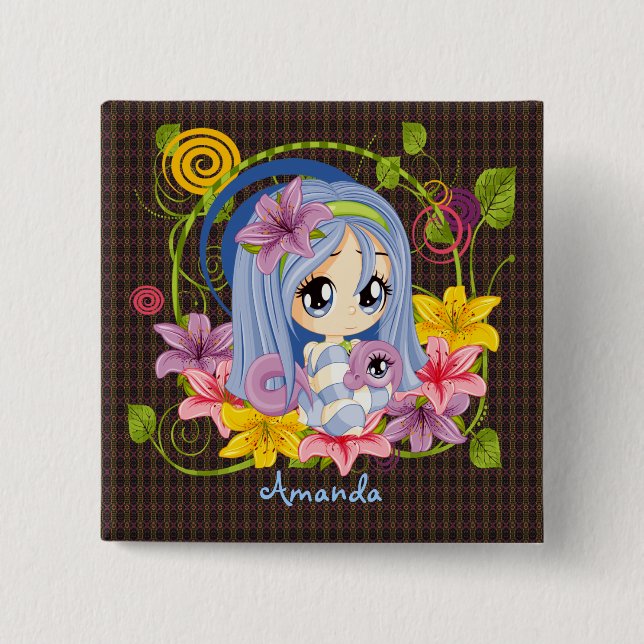 Cute Big Eyed Chibi Dragon Fairy Button (Front)