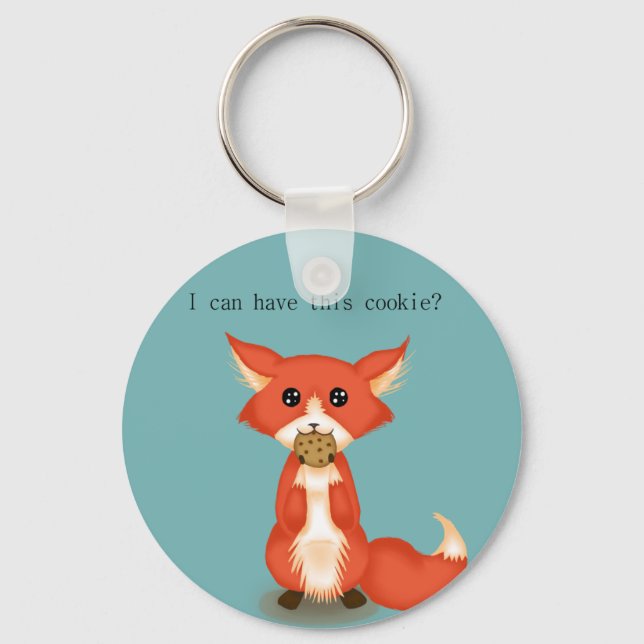 Cute Big Eyed Fox Eating A Cookie Keychain (Front)