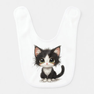 Cute Big‑Eyed Kitten – Chibi Black & White Cat Baby Bib