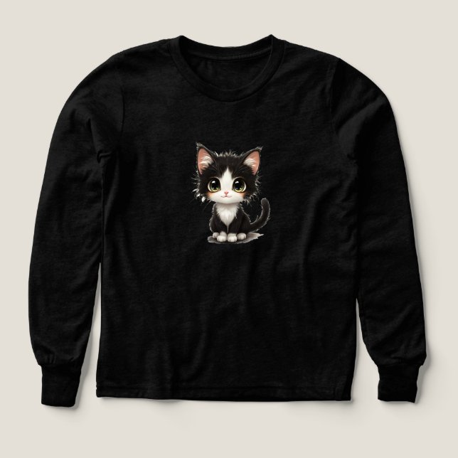 Cute Big‑Eyed Kitten – Chibi Black & White Cat Tri-Blend Shirts (Design Front)