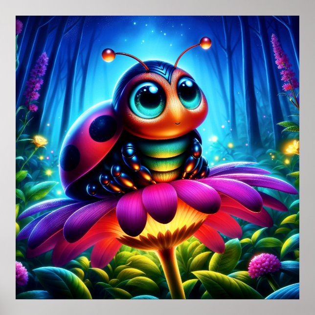 Cute big-eyed Ladybug with a mystical glow Poster (Front)