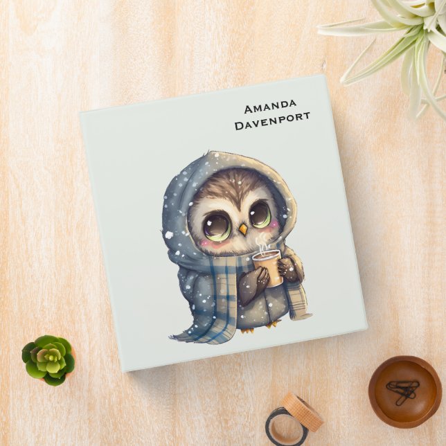 Cute Big-Eyed Owl Holding a Coffee 3 Ring Binder (In Situ)