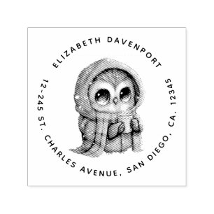 Cute Big-Eyed Owl Holding a Coffee Address Self-inking Stamp