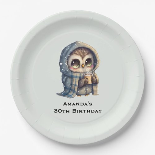 Cute Big_Eyed Owl Holding a Coffee Birthday Paper Plates