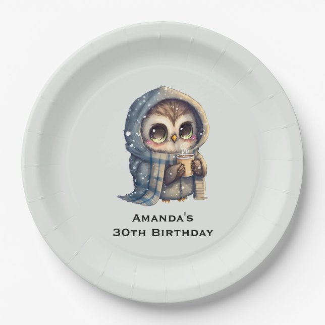 Cute Big-Eyed Owl Holding a Coffee Birthday Paper Plates (Front)