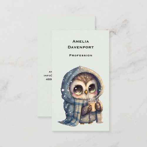 Cute Big_Eyed Owl Holding a Coffee Business Card