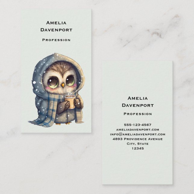 Cute Big-Eyed Owl Holding a Coffee Business Card (Front/Back)