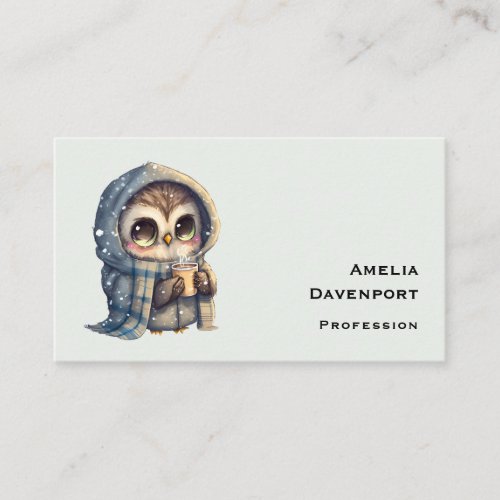 Cute Big_Eyed Owl Holding a Coffee Business Card