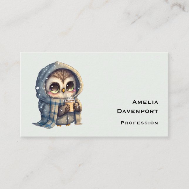 Cute Big-Eyed Owl Holding a Coffee Business Card (Front)