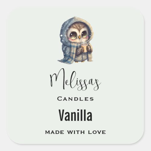 Cute Big_Eyed Owl Holding a Coffee Candle Business Square Sticker