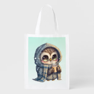 Cute Big-Eyed Owl Holding a Coffee Grocery Bag
