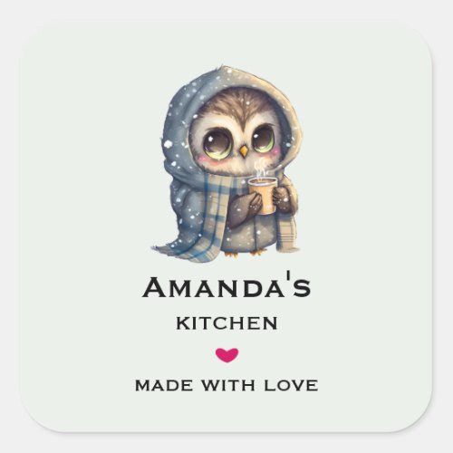 Cute Big_Eyed Owl Holding a Coffee Kitchen Square Sticker
