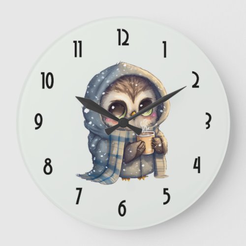 Cute Big-Eyed Owl Holding a Coffee Large Clock
