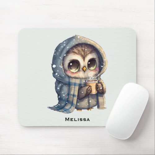 Cute Big-Eyed Owl Holding a Coffee Mouse Pad