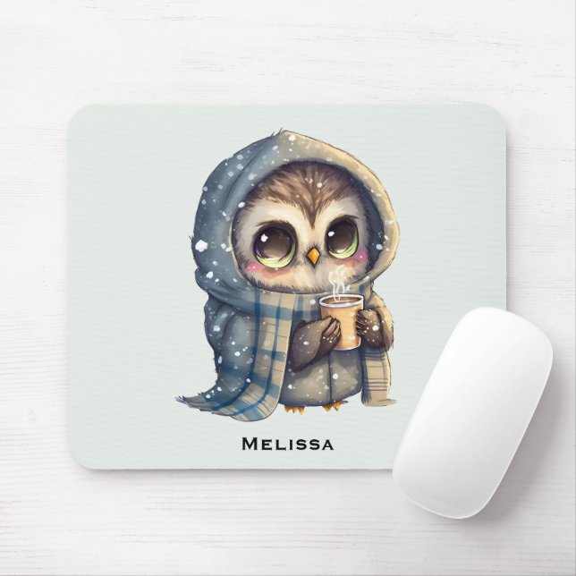 Cute Big-Eyed Owl Holding a Coffee Mouse Pad (With Mouse)