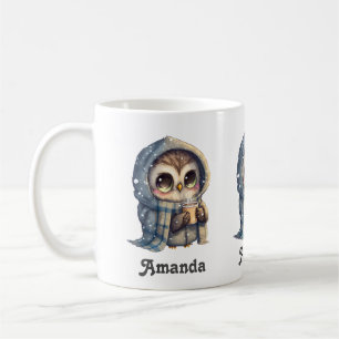 Cute Big-Eyed Owl Holding a Coffee -  Mug