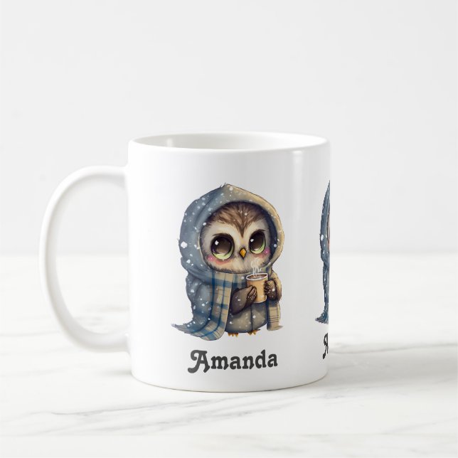 Cute Big-Eyed Owl Holding a Coffee -  Mug (Left)