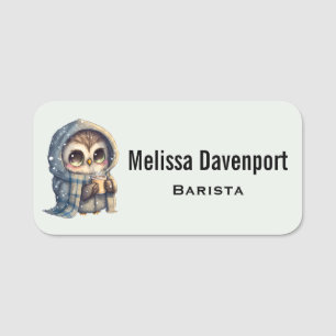 Cute Big-Eyed Owl Holding a Coffee Name Tag