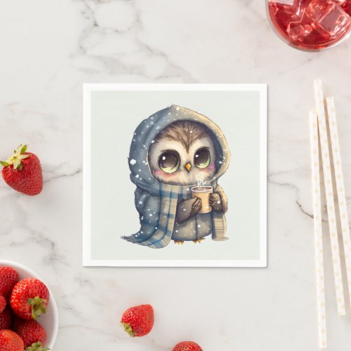 Cute Big_Eyed Owl Holding a Coffee Napkins