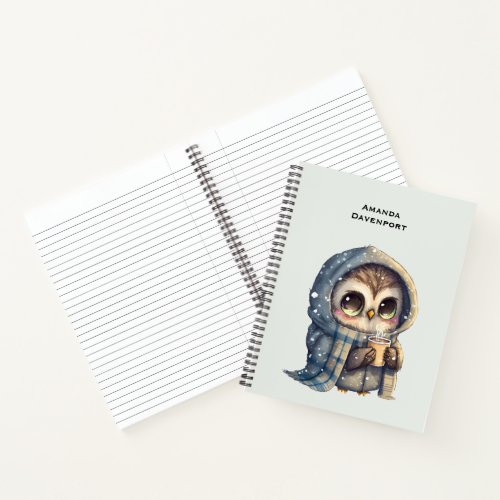 Cute Big-Eyed Owl Holding a Coffee Notebook