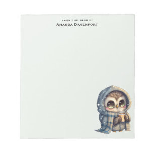 Cute Big-Eyed Owl Holding a Coffee Notepad